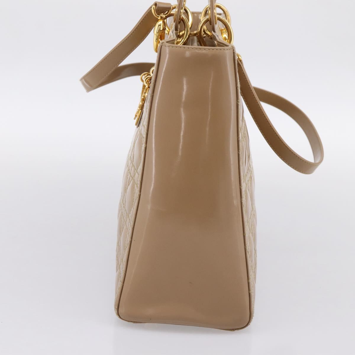 Christian Dior Cannage Lady Dior Large Hand Bag Patent Beige Gold Auth 198677A
