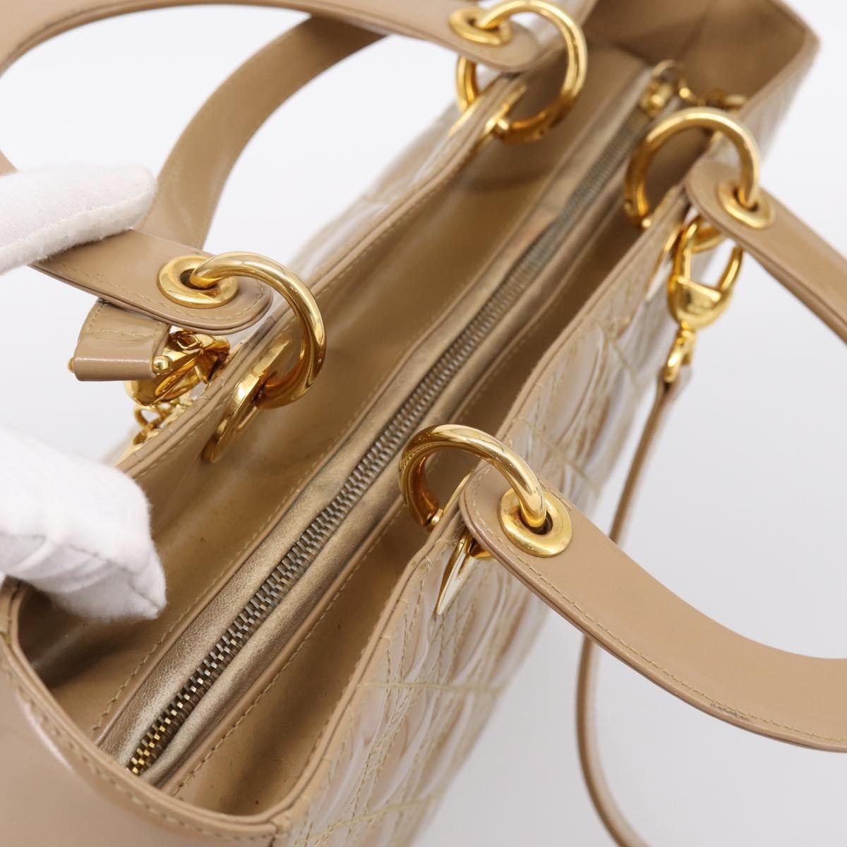 Christian Dior Cannage Lady Dior Large Hand Bag Patent Beige Gold Auth 198677A