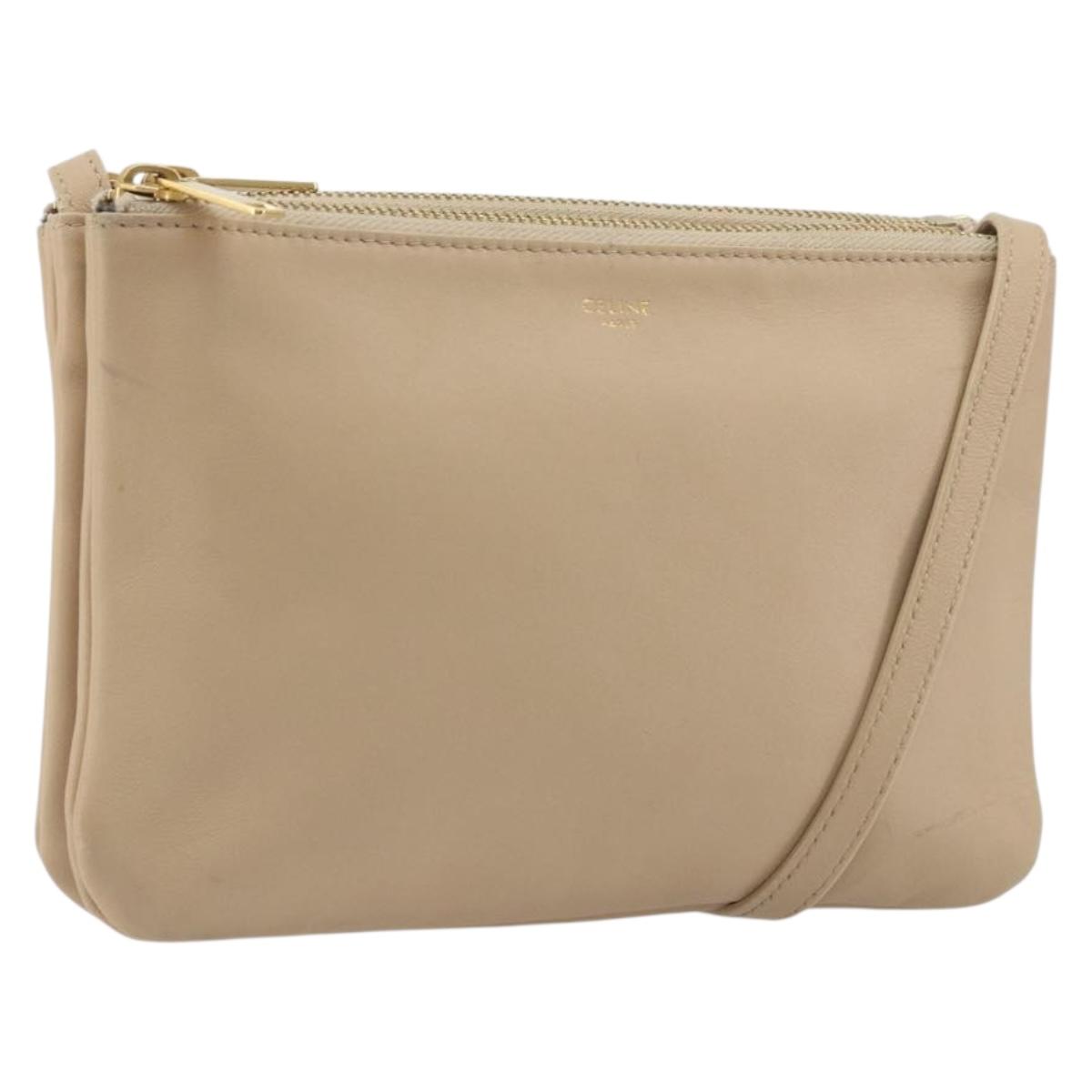 CELINE Trio Shoulder Bag Leather Beige Gold Auth 198683A