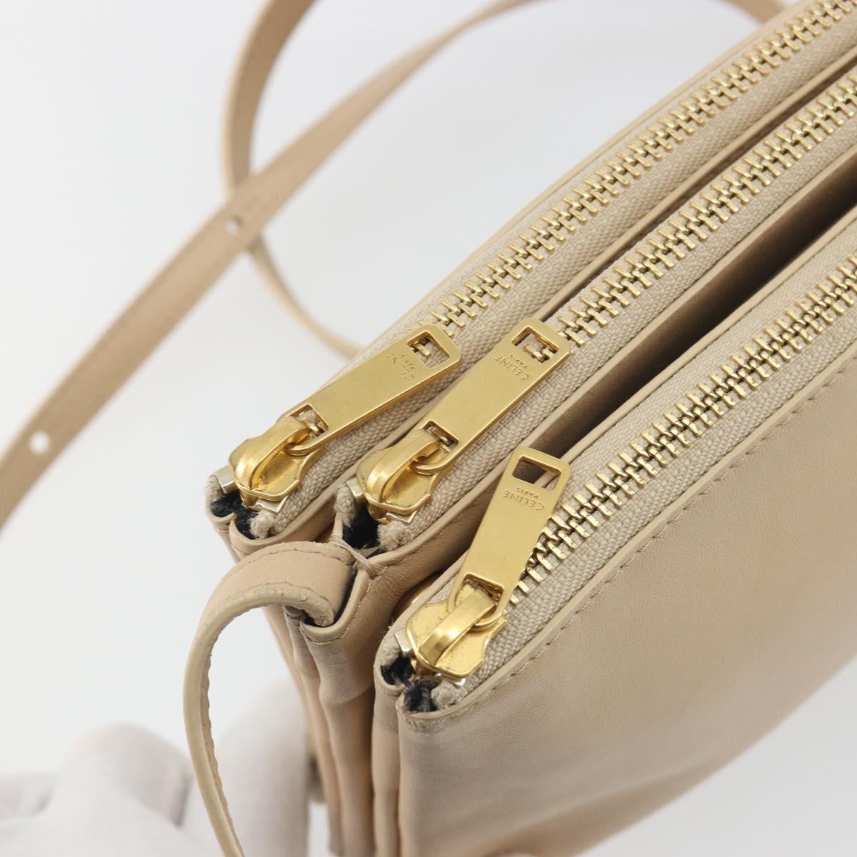 CELINE Trio Shoulder Bag Leather Beige Gold Auth 198683A