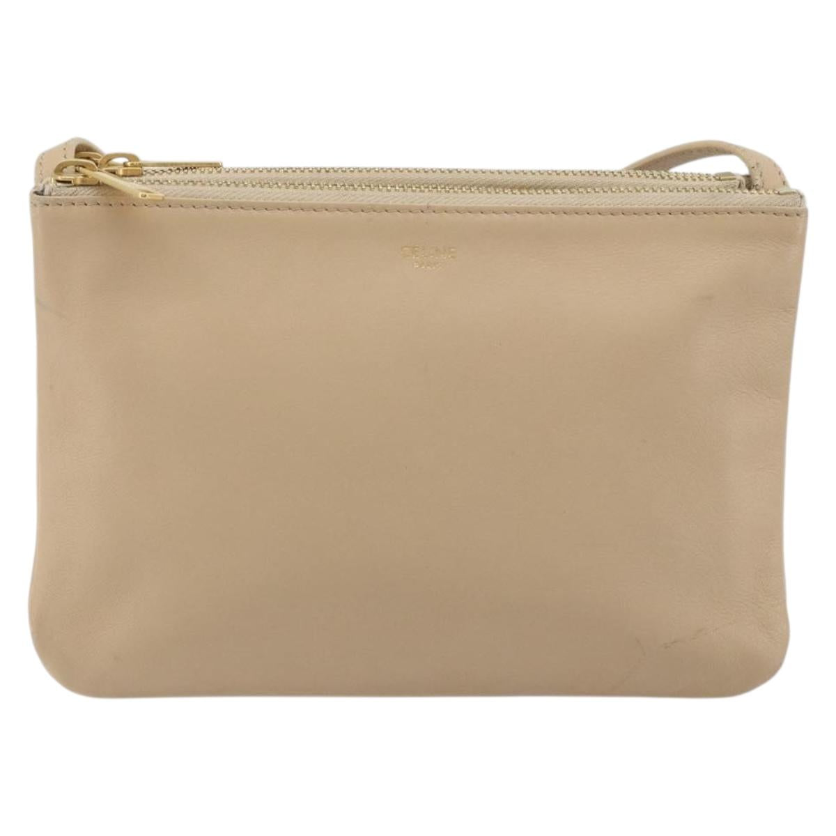 CELINE Trio Shoulder Bag Leather Beige Gold Auth 198683A