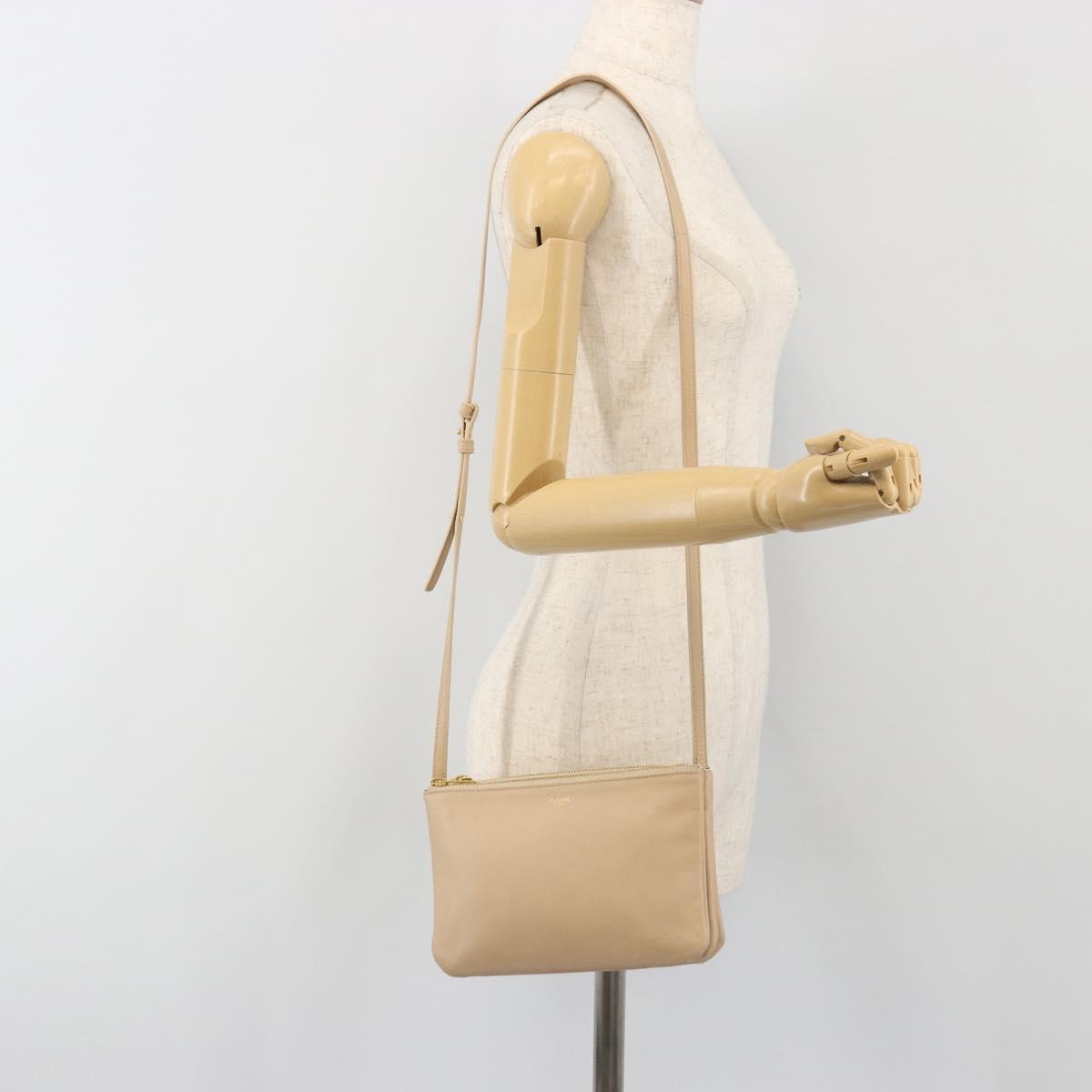 CELINE Trio Shoulder Bag Leather Beige Gold Auth 198683A