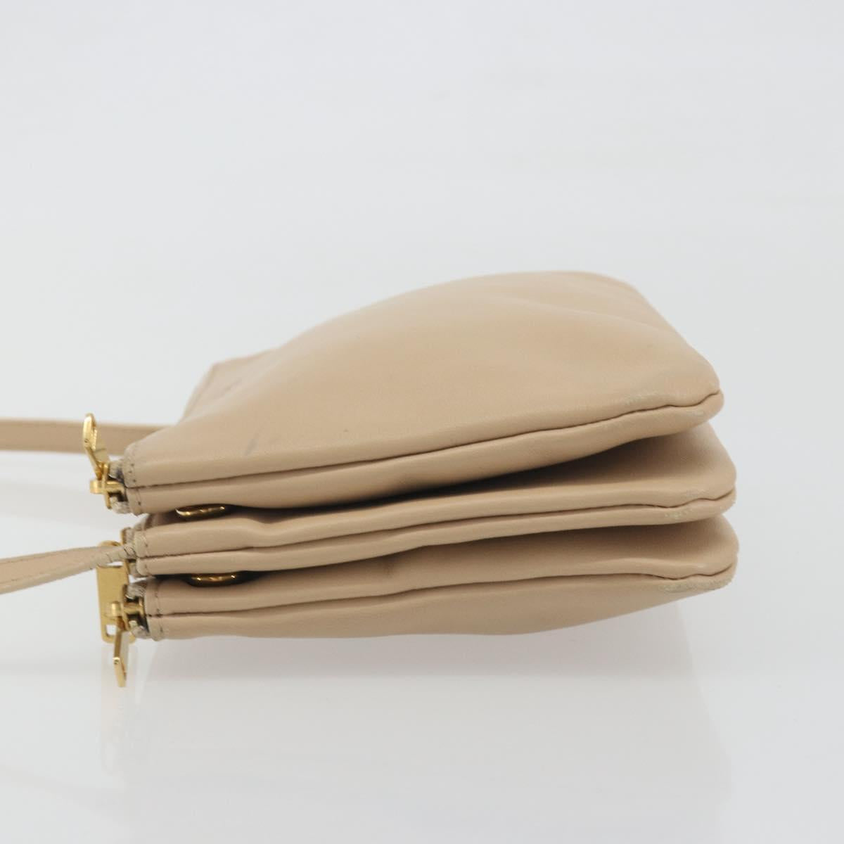 CELINE Trio Shoulder Bag Leather Beige Gold Auth 198683A