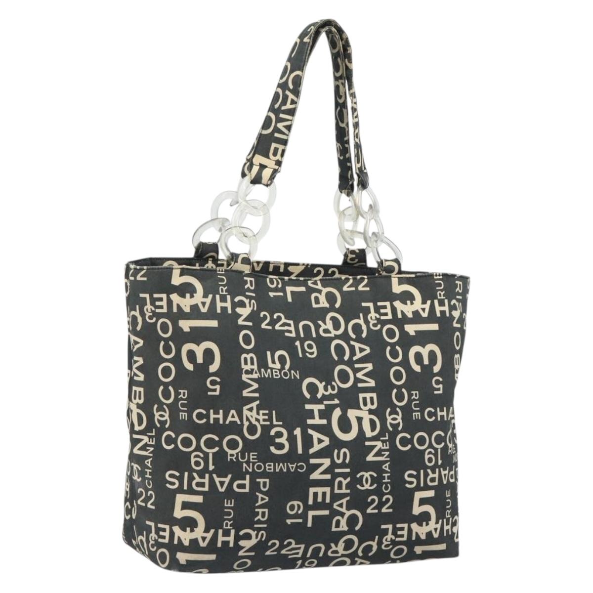 CHANEL Vichy Line Tote Bag Canvas Black Silver CC Auth 198686