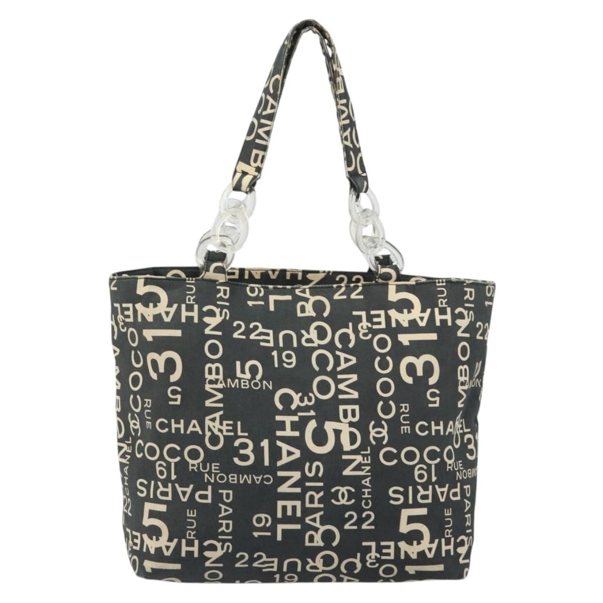 CHANEL Vichy Line Tote Bag Canvas Black Silver CC Auth 198686