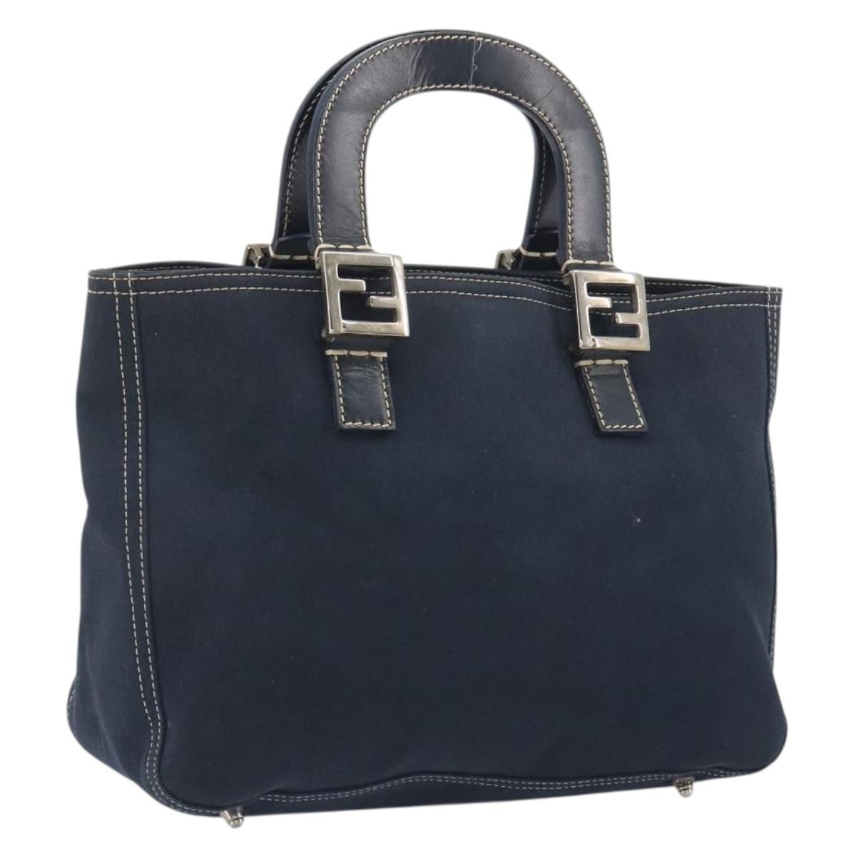 FENDI Hand Bag Canvas Navy Silver Auth 198689A