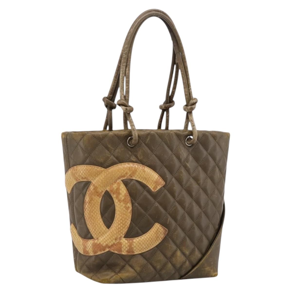 CHANEL Matelasse Cambon Line Hand Bag Leather Khaki CC Auth 198693