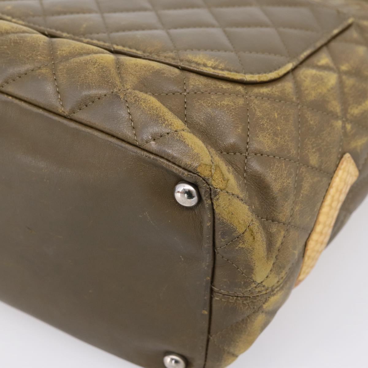 CHANEL Matelasse Cambon Line Hand Bag Leather Khaki CC Auth 198693