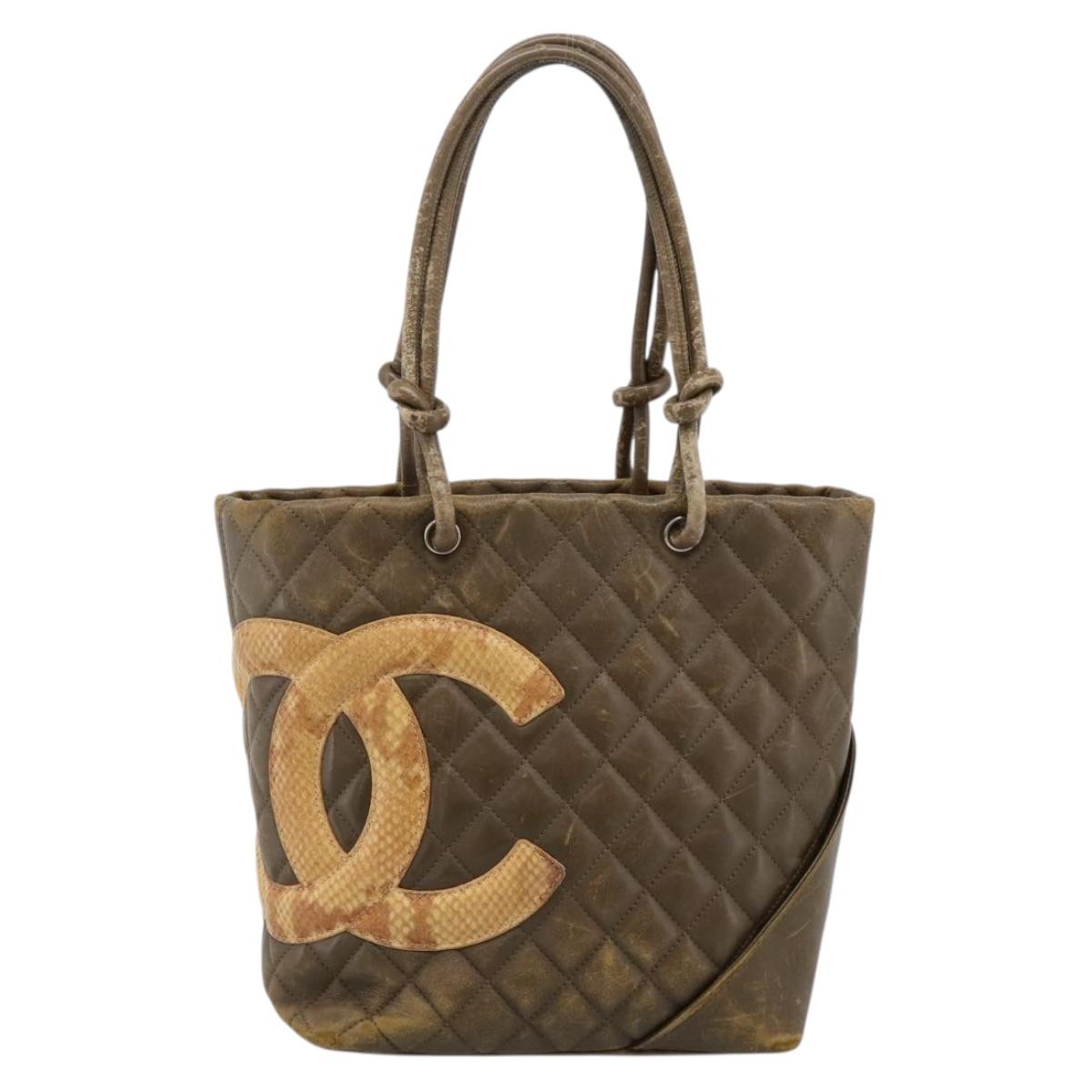 CHANEL Matelasse Cambon Line Hand Bag Leather Khaki CC Auth 198693