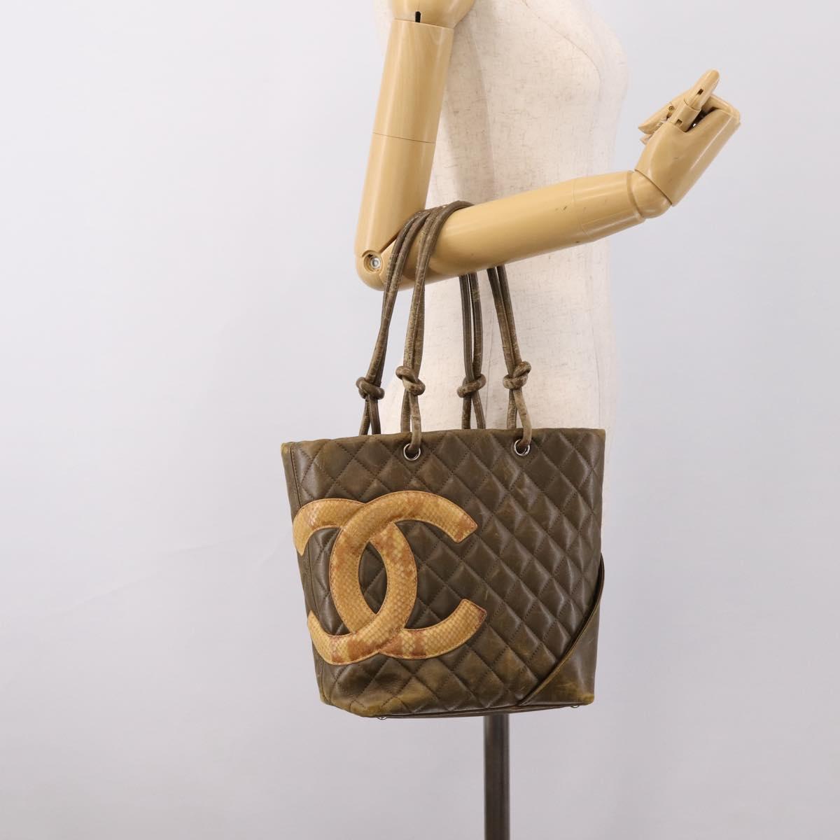 CHANEL Matelasse Cambon Line Hand Bag Leather Khaki CC Auth 198693