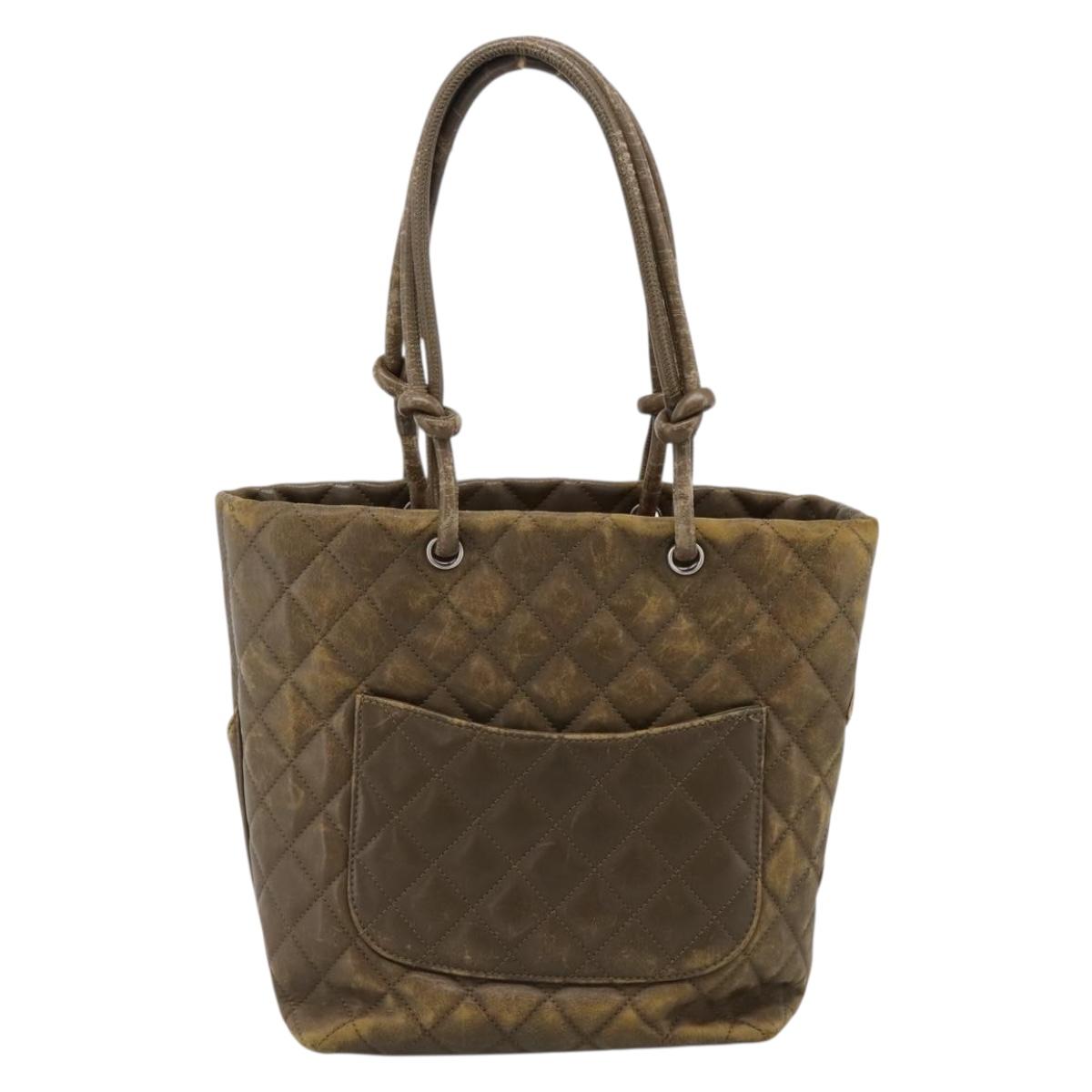 CHANEL Matelasse Cambon Line Hand Bag Leather Khaki CC Auth 198693