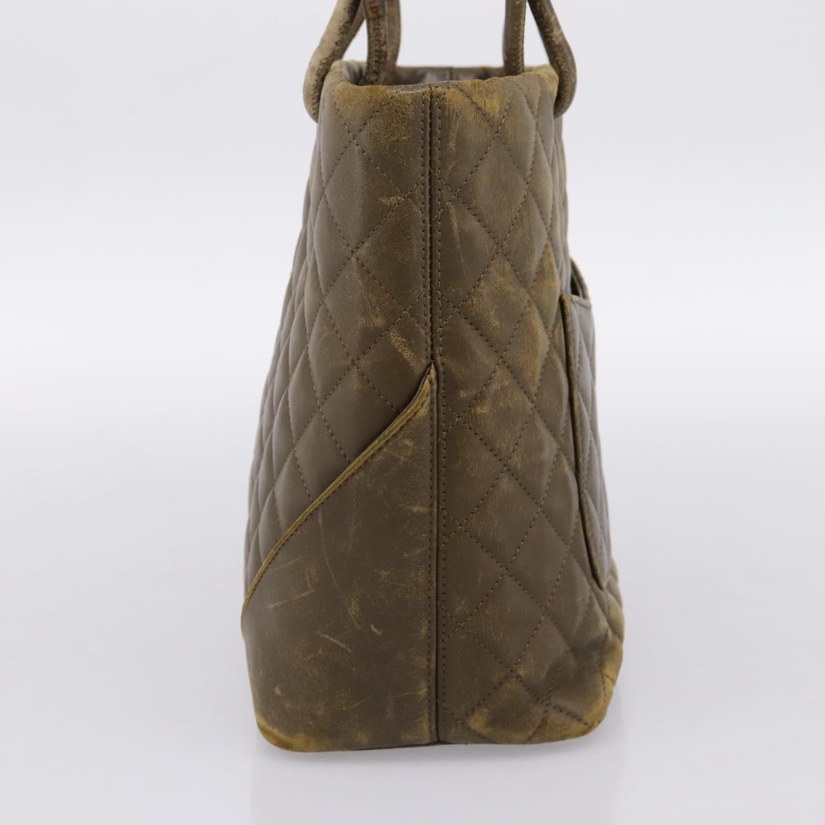 CHANEL Matelasse Cambon Line Hand Bag Leather Khaki CC Auth 198693