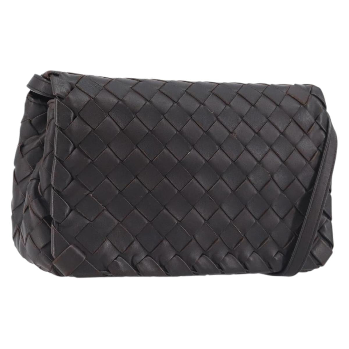 BOTTEGA VENETA INTRECCIATO Shoulder Bag Leather Dark Brown Gold Auth 198694V