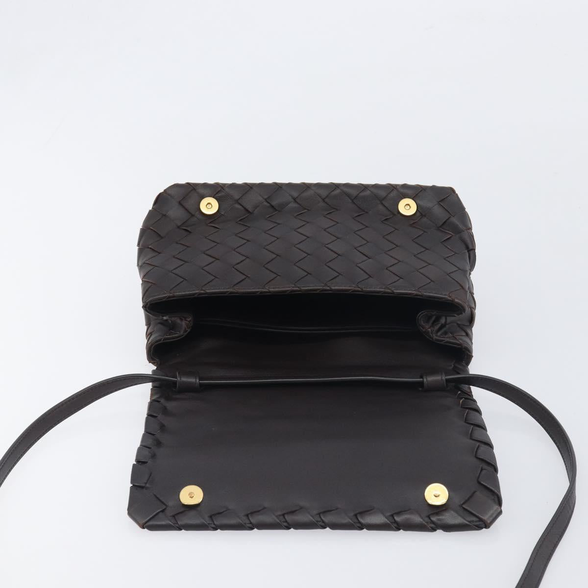 BOTTEGA VENETA INTRECCIATO Shoulder Bag Leather Dark Brown Gold Auth 198694V