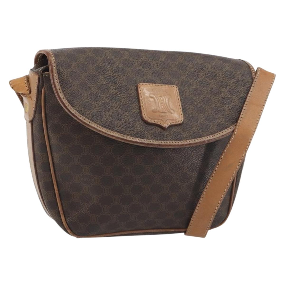 CELINE Macadam Canvas Shoulder Bag PVC Leather Brown Gold Auth 198697