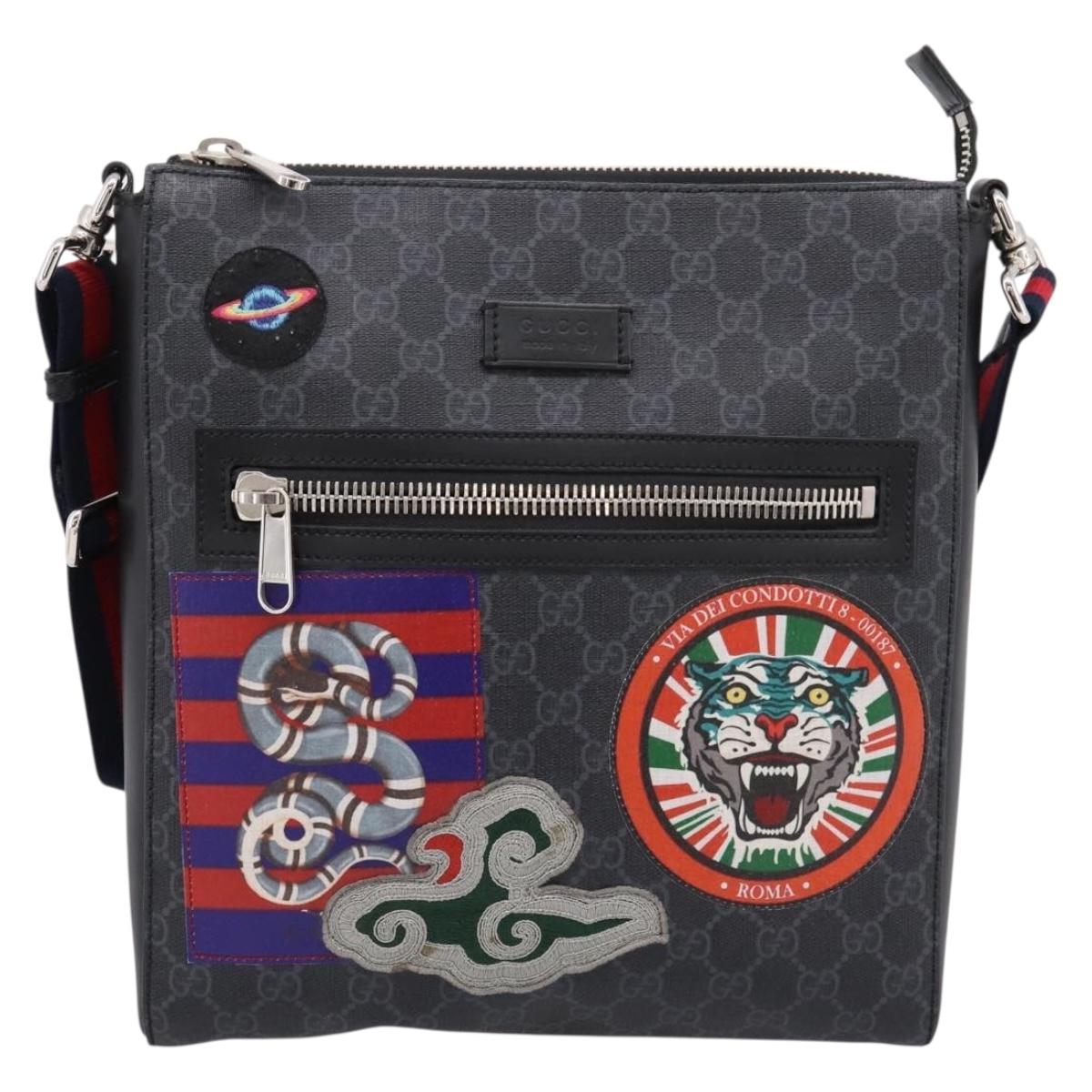GUCCI GG Supreme Sherry Line Courier Bag PVC Black Silver 474137 Auth 198699M