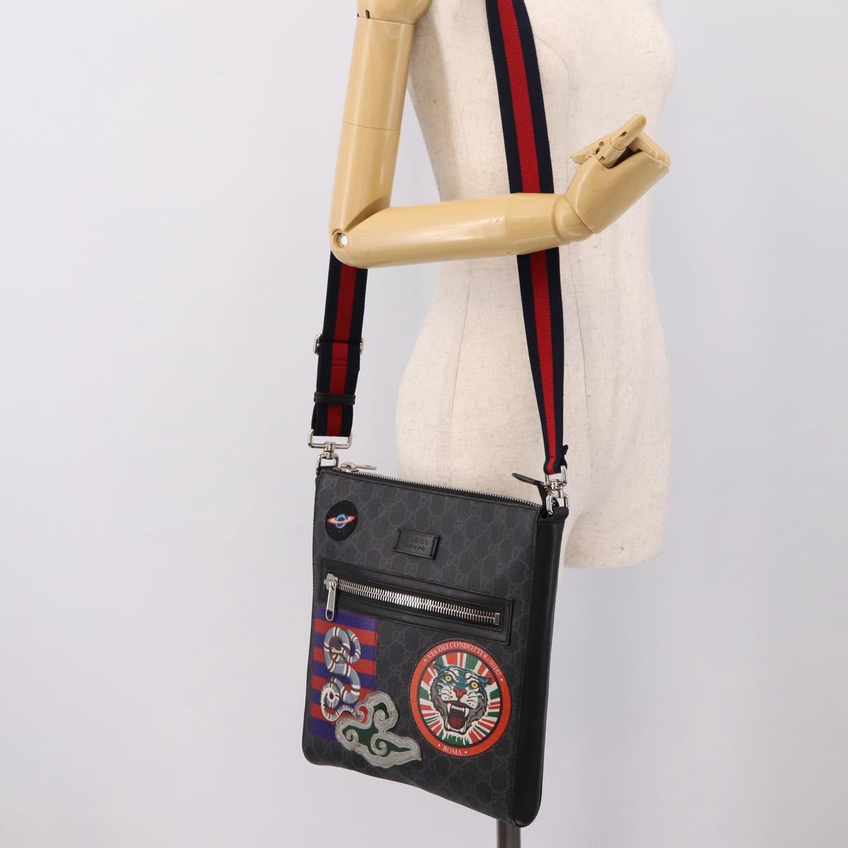 GUCCI GG Supreme Sherry Line Courier Bag PVC Black Silver 474137 Auth 198699M