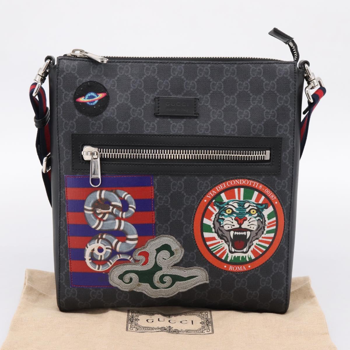 GUCCI GG Supreme Sherry Line Courier Bag PVC Black Silver 474137 Auth 198699M
