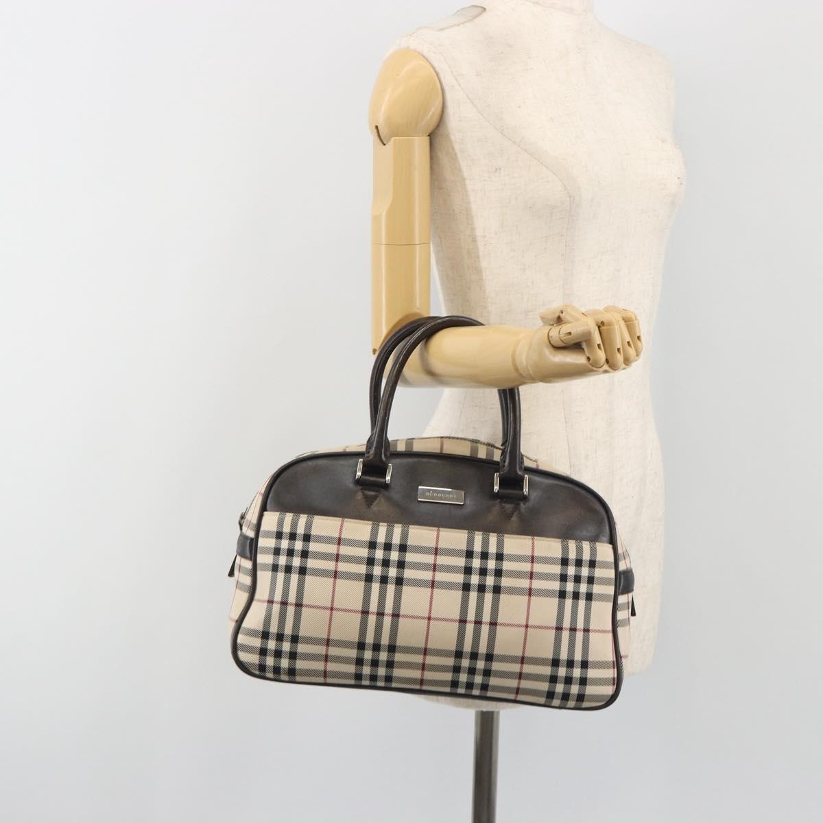 BURBERRY Nova Check Hand Bag Canvas Beige Silver Auth 198703A