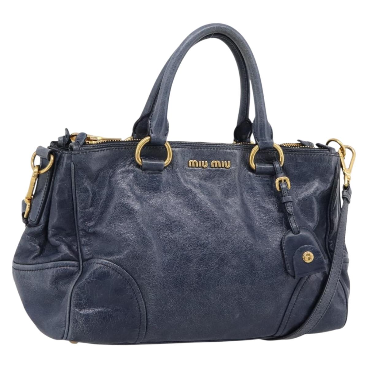 Miu Miu Hand Bag Vitellolux 2way Navy Gold Auth 198706A