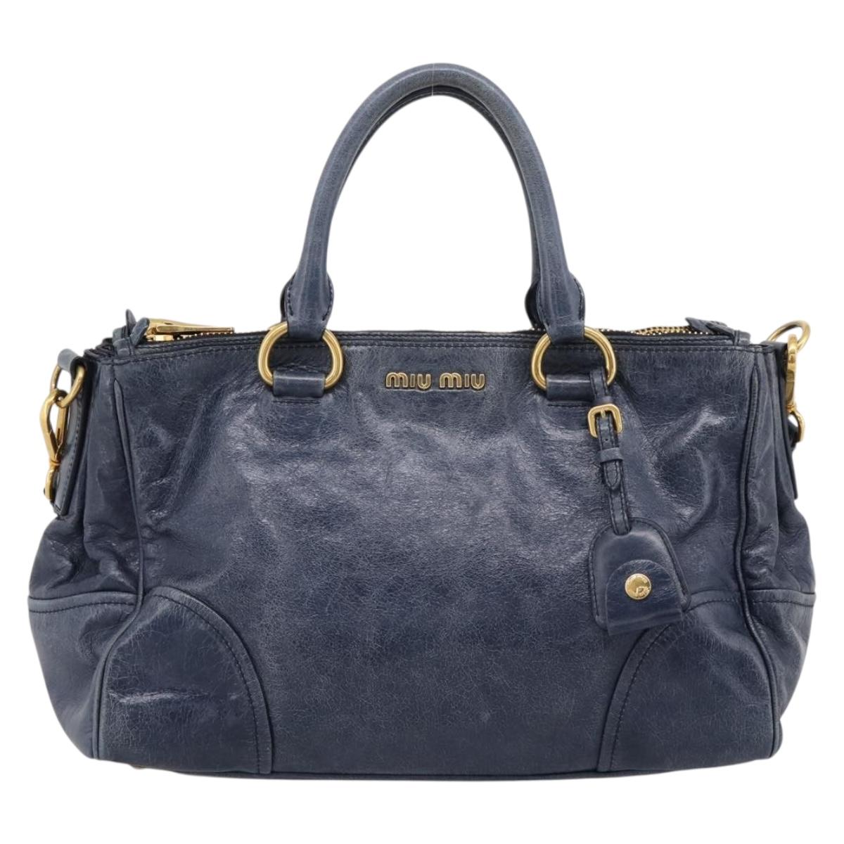 Miu Miu Hand Bag Vitellolux 2way Navy Gold Auth 198706A