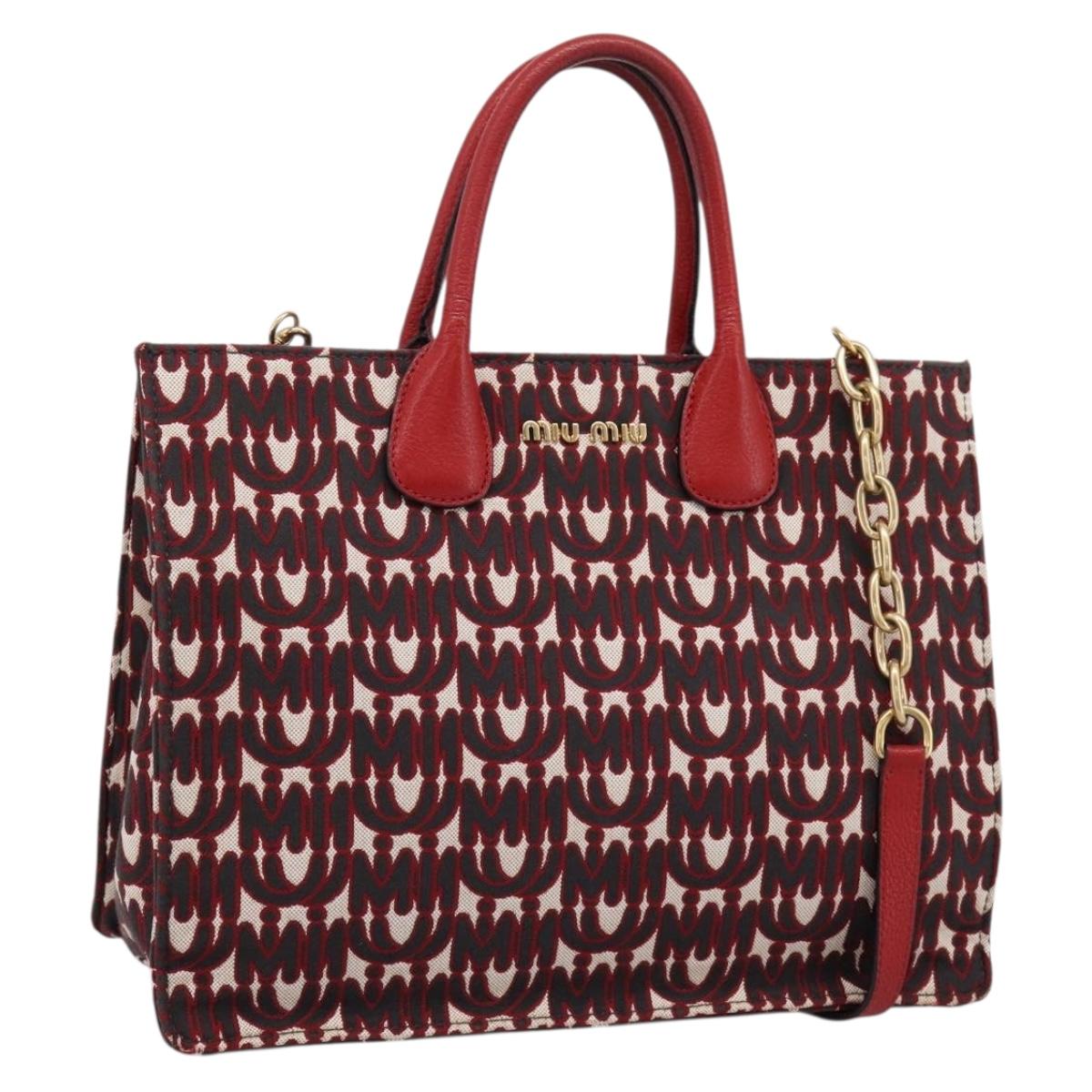 Miu Miu Chain Shoulder Bag Canvas 2way Red Gold Auth 198710A