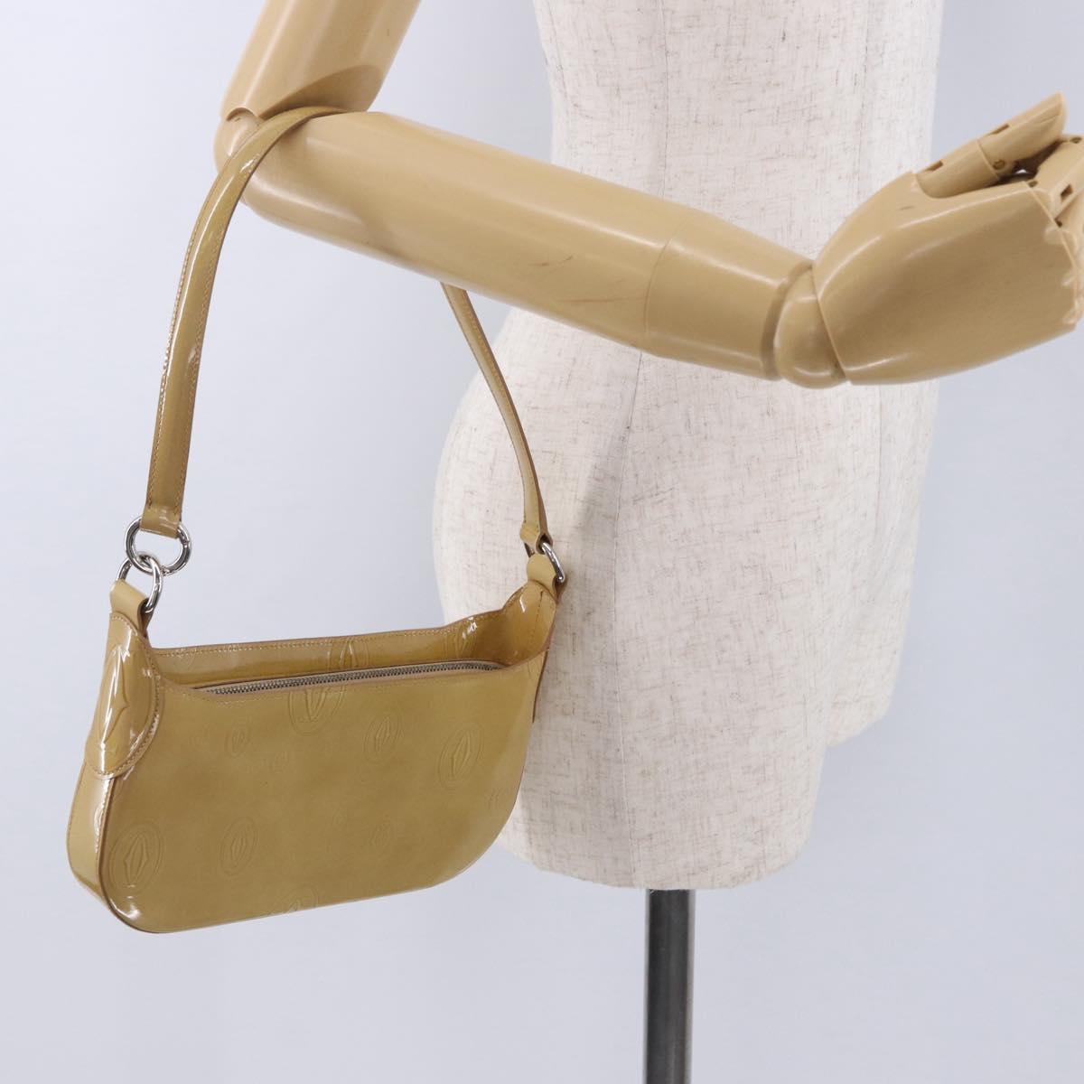 CARTIER Shoulder Bag Patent leather Beige Silver Auth 198718V
