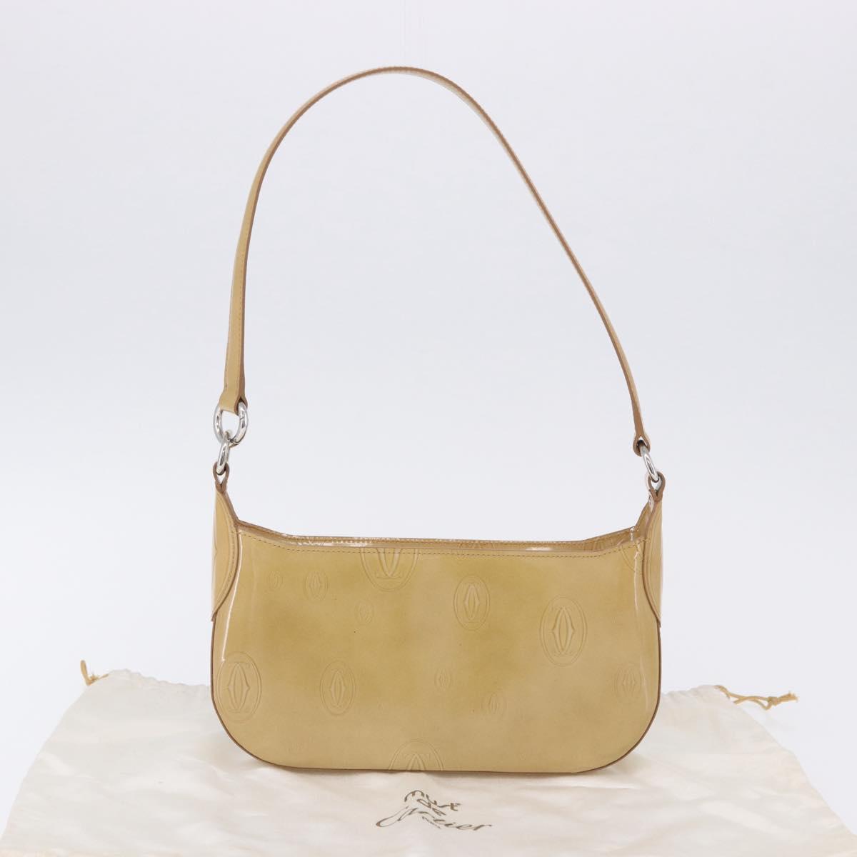 CARTIER Shoulder Bag Patent leather Beige Silver Auth 198718V