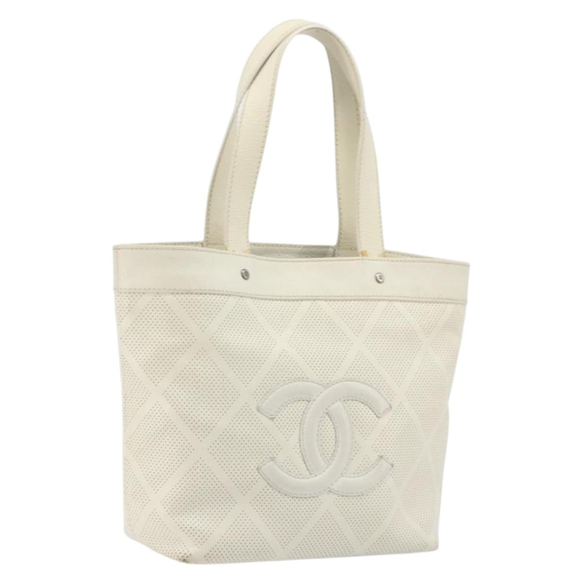CHANEL Tote Bag Punching Leather White Silver CC Auth 198721A