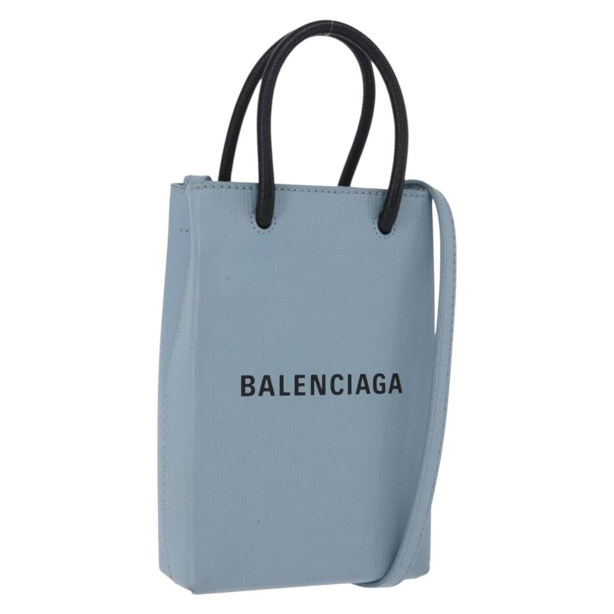 BALENCIAGA Shopping Phone Holder Bag Leather 2way Light Blue 593826 Auth 198722A