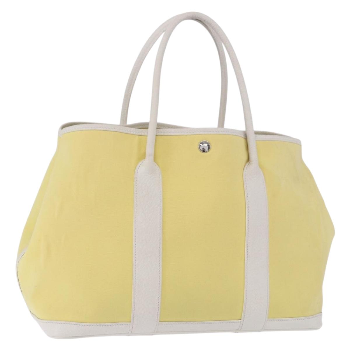 HERMES Garden Party PM Tote Bag Canvas Yellow Silver Auth 198723A