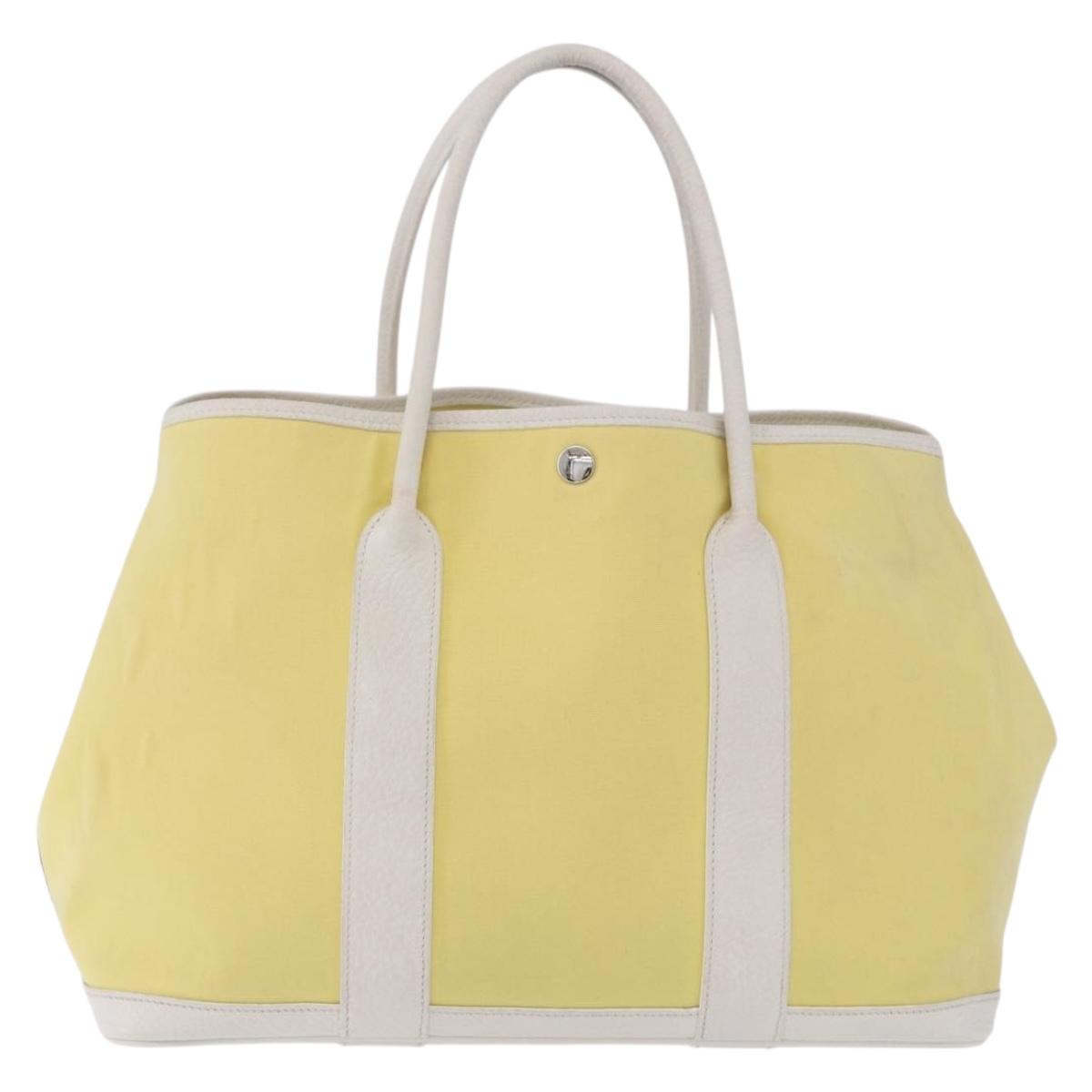 HERMES Garden Party PM Tote Bag Canvas Yellow Silver Auth 198723A