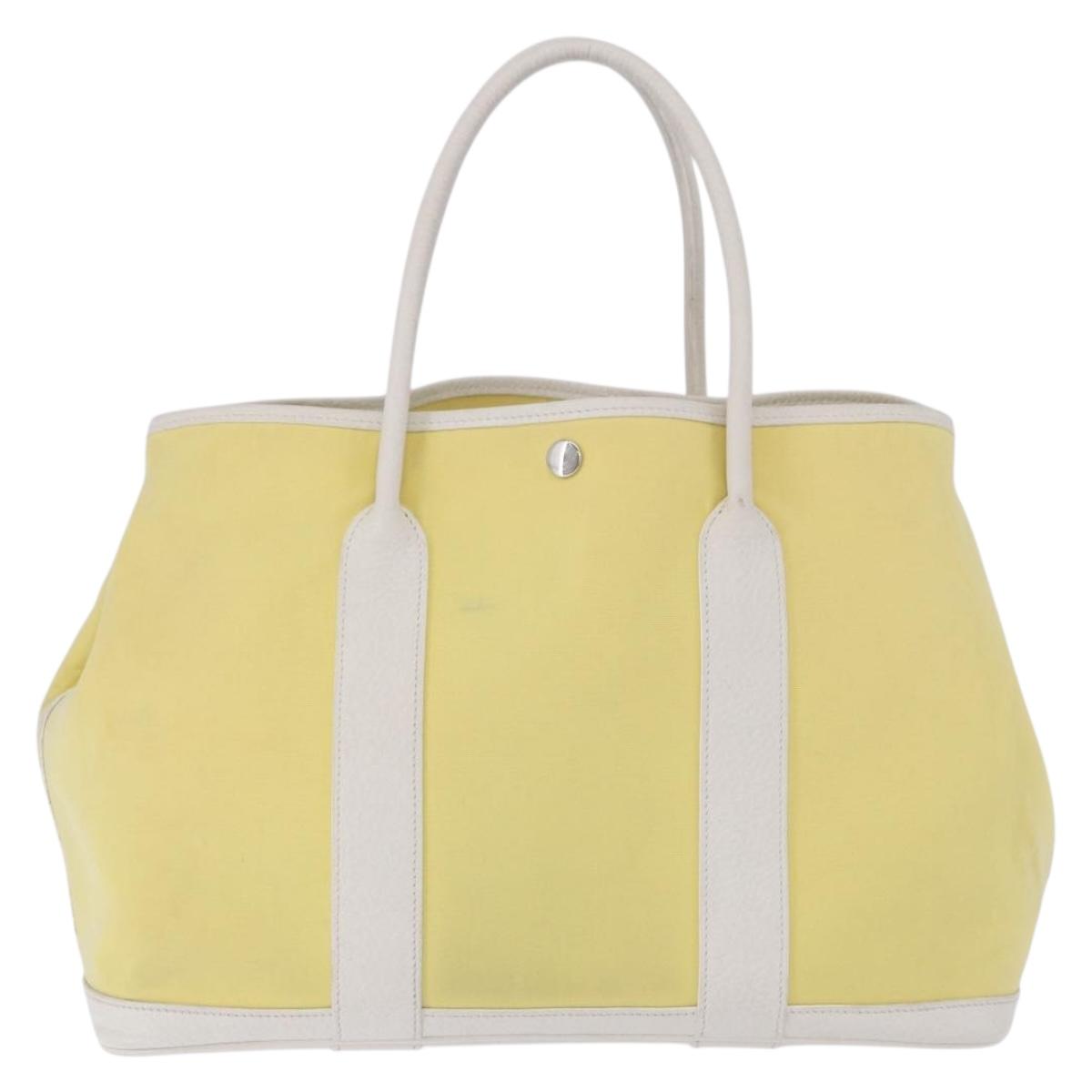 HERMES Garden Party PM Tote Bag Canvas Yellow Silver Auth 198723A