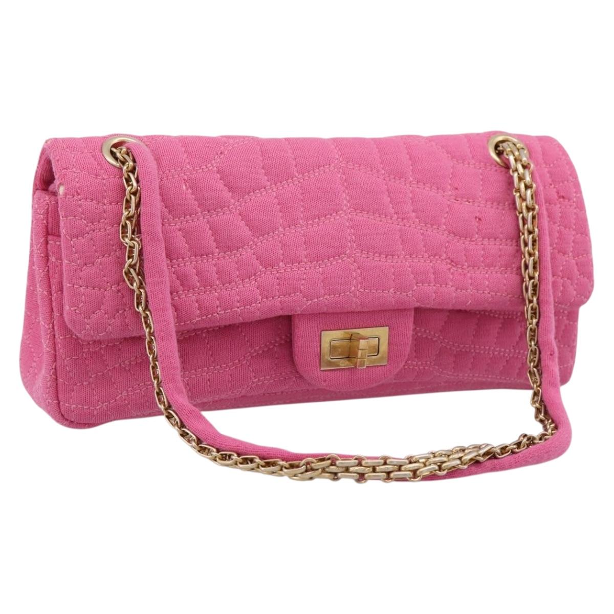 CHANEL 2.55 Chain Shoulder Bag Cotton Jersey Pink Gold CC Auth 198733M