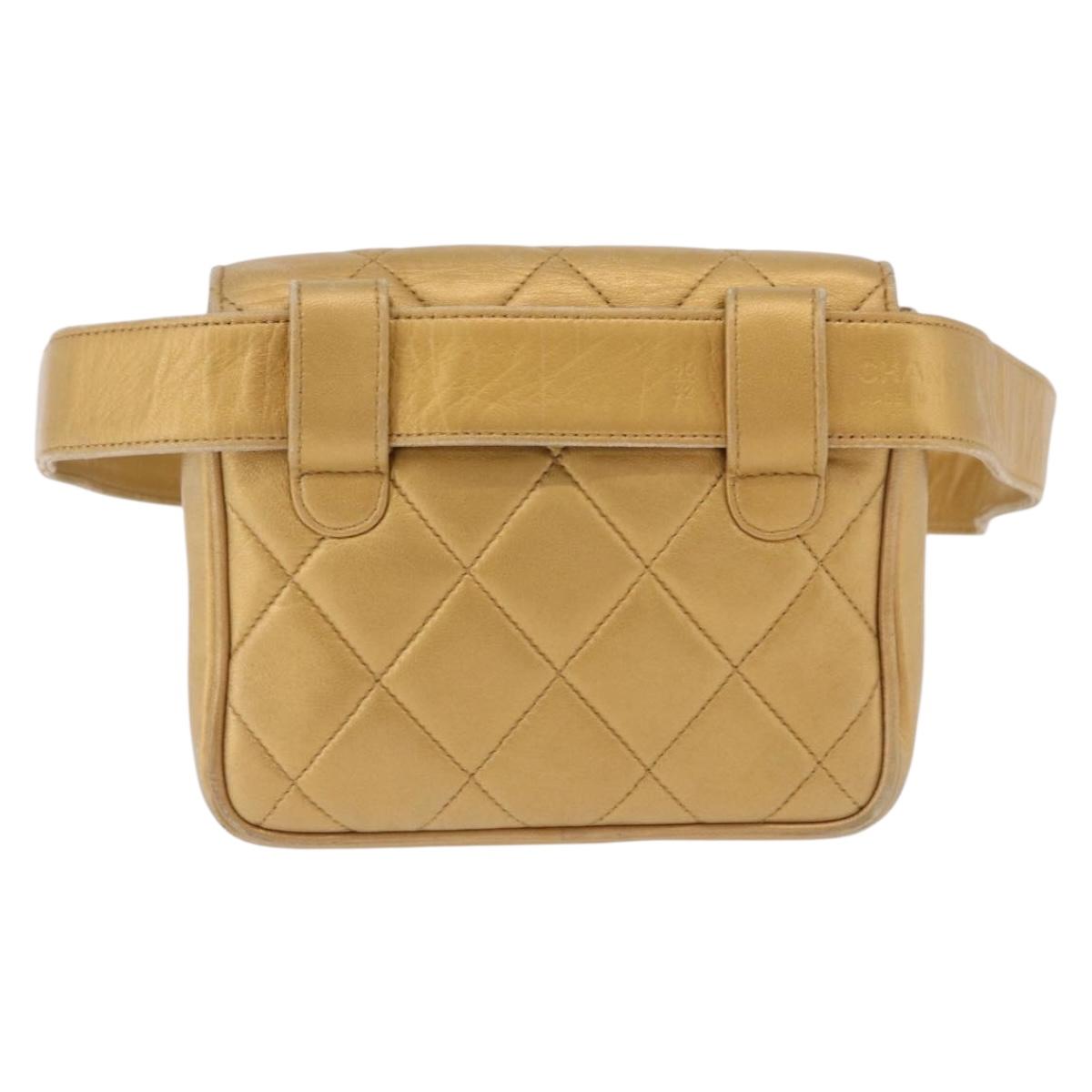 CHANEL Matelasse Waist Bag Lamb Skin Gold CC Auth 198737