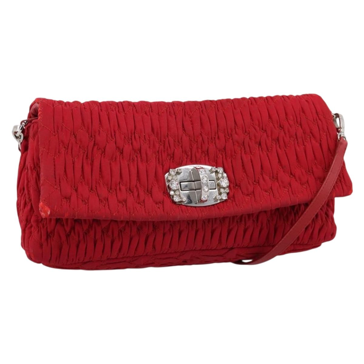 Miu Miu Matelasse Chain Shoulder Bag Nylon Red Silver Auth 198738A