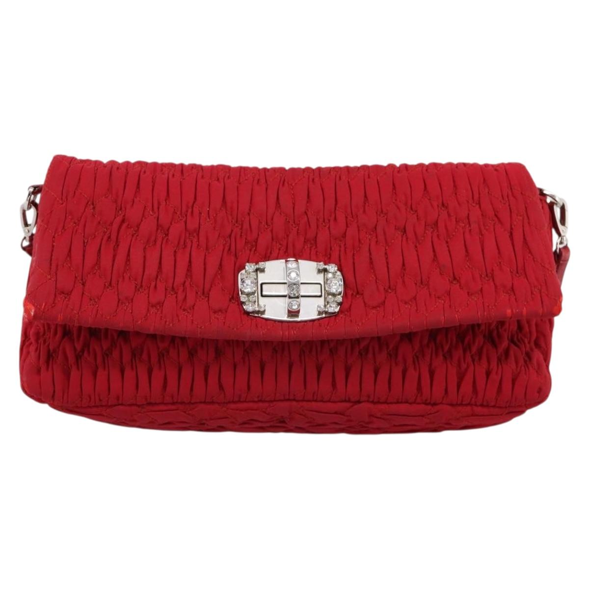Miu Miu Matelasse Chain Shoulder Bag Nylon Red Silver Auth 198738A