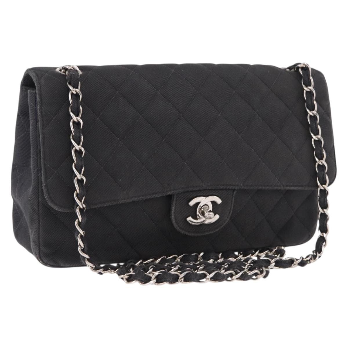 CHANEL Matelasse25 Chain Shoulder Bag Canvas Black Silver CC Auth 198742