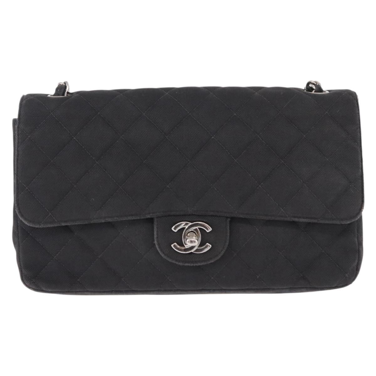 CHANEL Matelasse25 Chain Shoulder Bag Canvas Black Silver CC Auth 198742