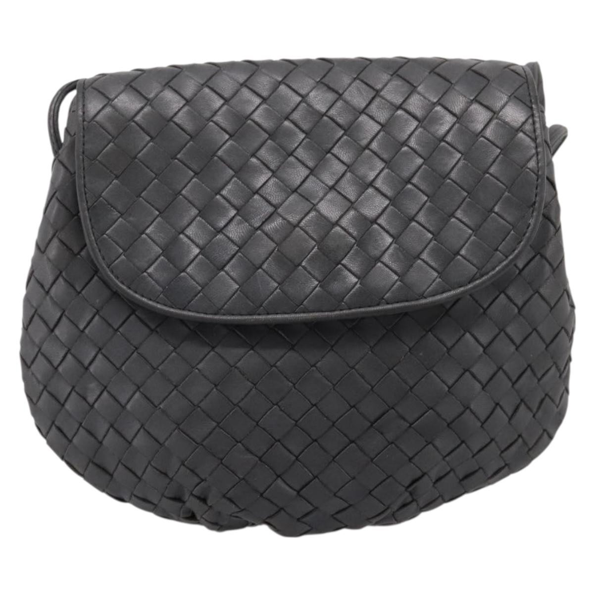 BOTTEGA VENETA INTRECCIATO Shoulder Bag Leather Gray Gold Auth 198743A
