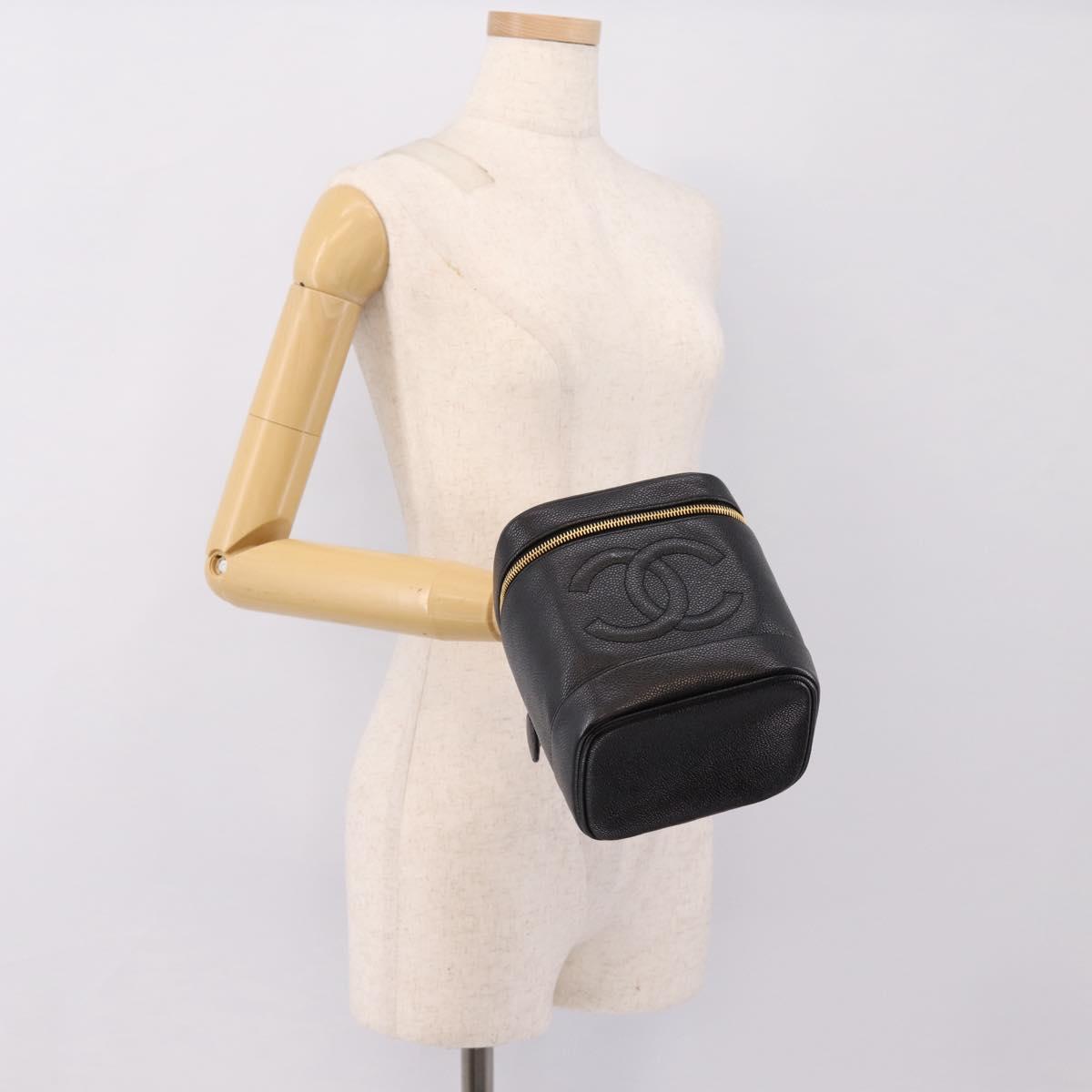 CHANEL COCO Mark Vanity Hand Bag Caviar Skin Black Gold CC Auth 198746V