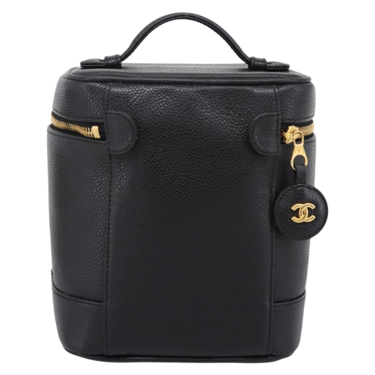 CHANEL COCO Mark Vanity Hand Bag Caviar Skin Black Gold CC Auth 198746V