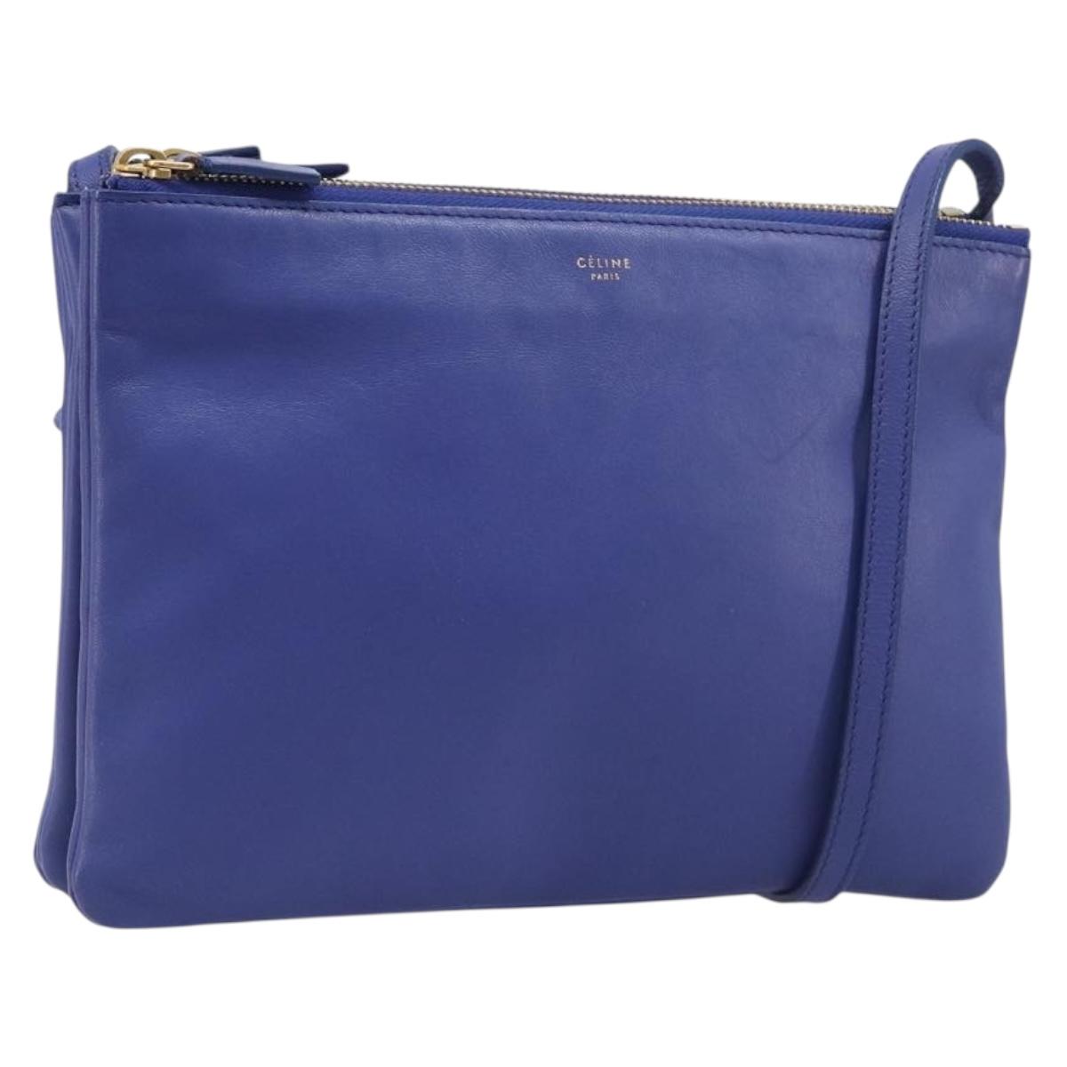 CELINE Trio Shoulder Bag Leather Blue Gold Auth 198751