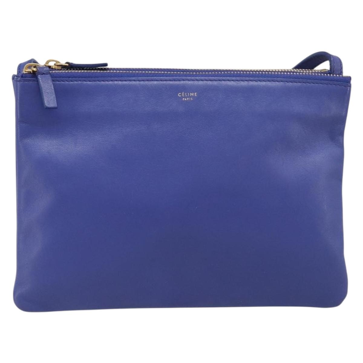 CELINE Trio Shoulder Bag Leather Blue Gold Auth 198751