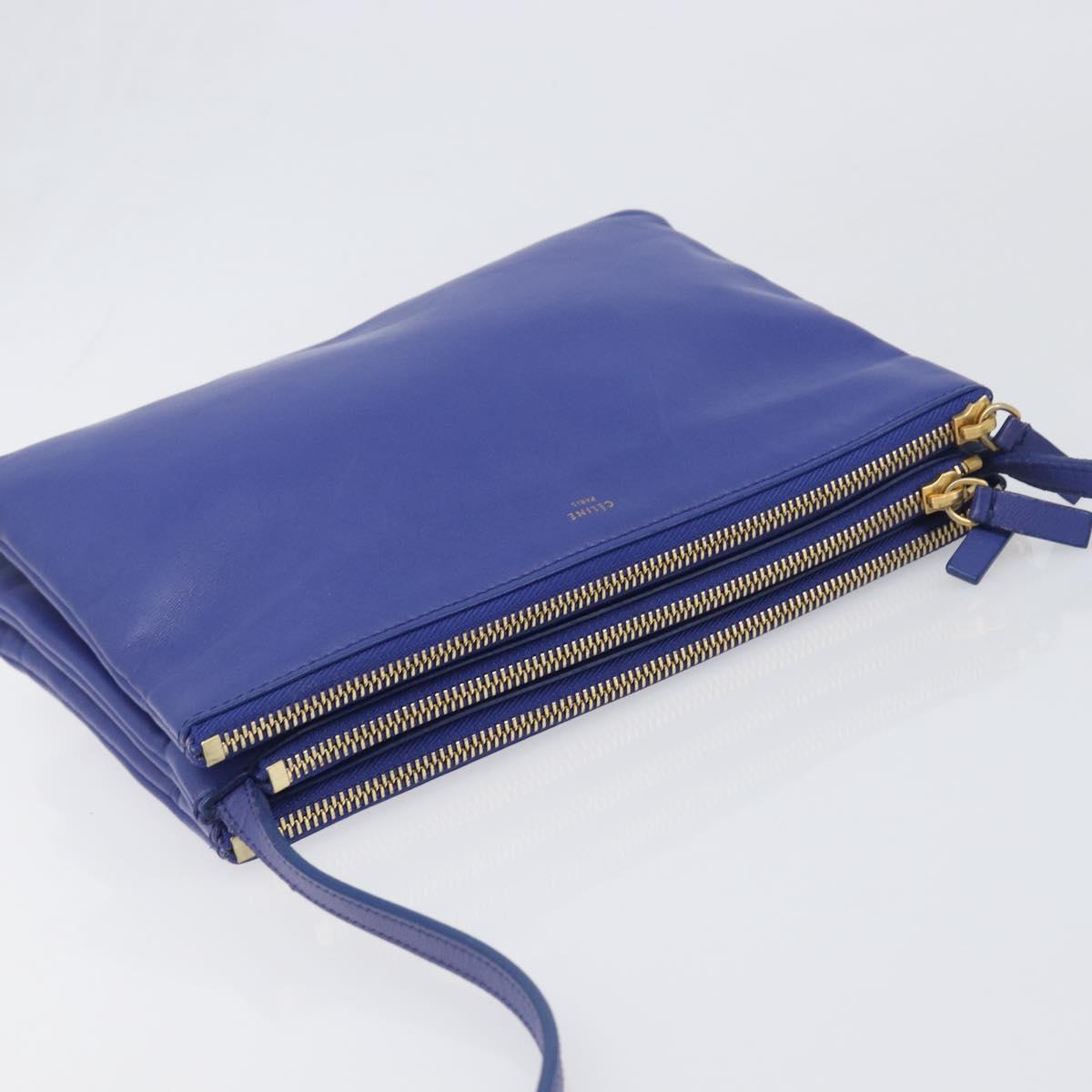 CELINE Trio Shoulder Bag Leather Blue Gold Auth 198751