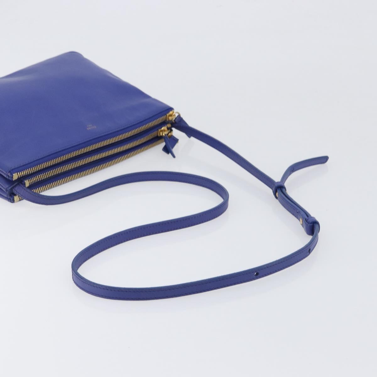 CELINE Trio Shoulder Bag Leather Blue Gold Auth 198751