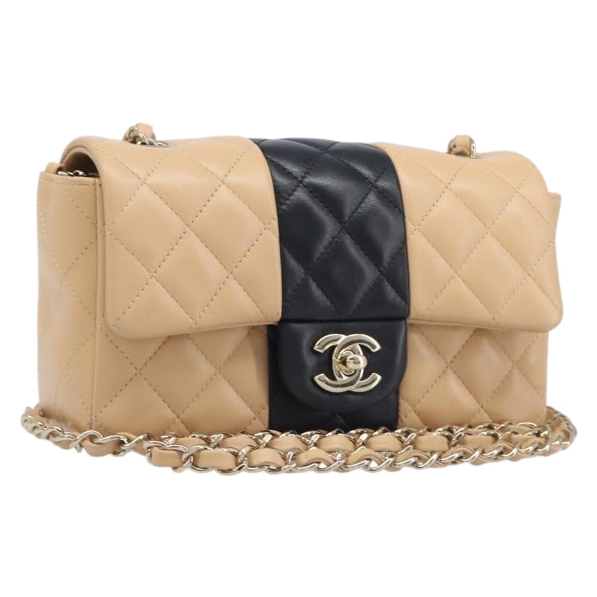 CHANEL Mini Matelasse Chain Shoulder Bag Lamb Skin Beige Gold CC Auth 198755SAM