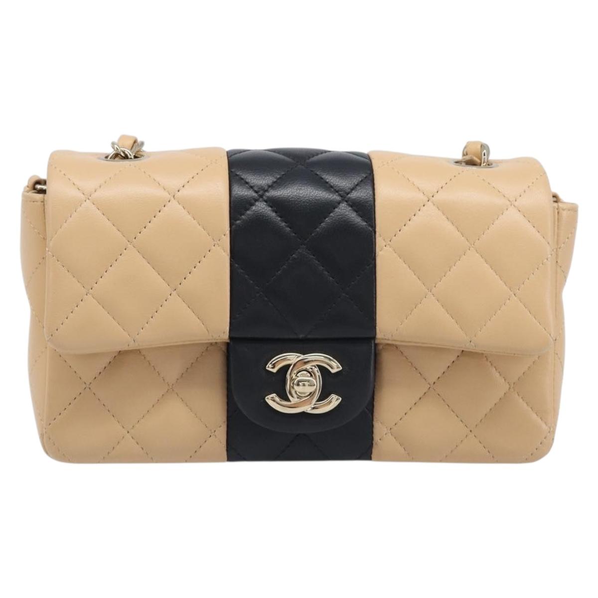 CHANEL Mini Matelasse Chain Shoulder Bag Lamb Skin Beige Gold CC Auth 198755SAM