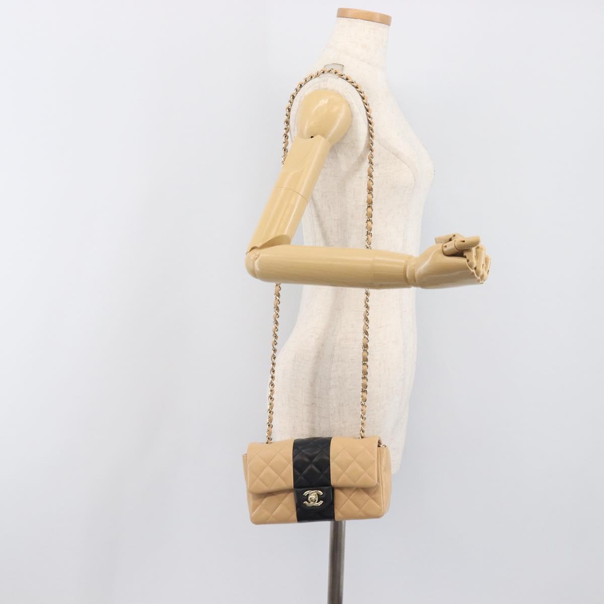 CHANEL Mini Matelasse Chain Shoulder Bag Lamb Skin Beige Gold CC Auth 198755SAM