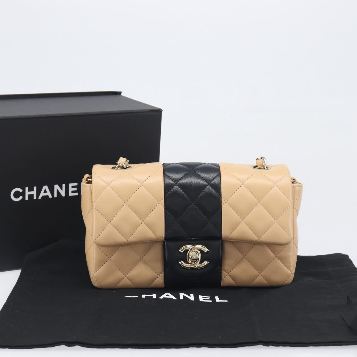 CHANEL Mini Matelasse Chain Shoulder Bag Lamb Skin Beige Gold CC Auth 198755SAM